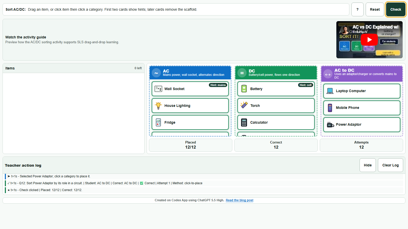 AC/DC sorting activity created with Codex for SLS, showing draggable cards, category targets, feedback, and teacher analytics