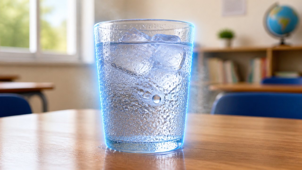 A cold glass of ice water with water droplets on the outside surface