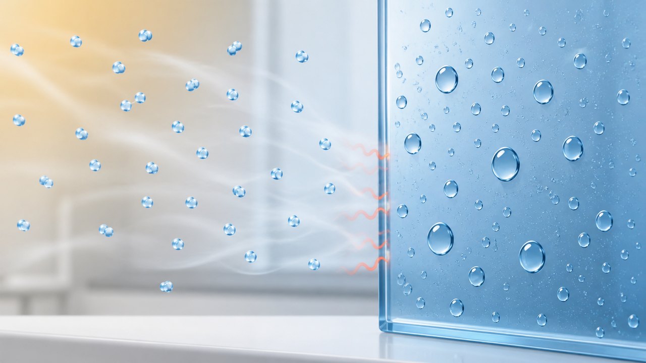 Water vapour particles moving towards a cool blue surface where liquid droplets have formed
