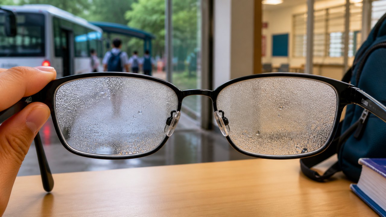 Foggy spectacles with tiny water droplets on the lenses near a bus stop and classroom entrance