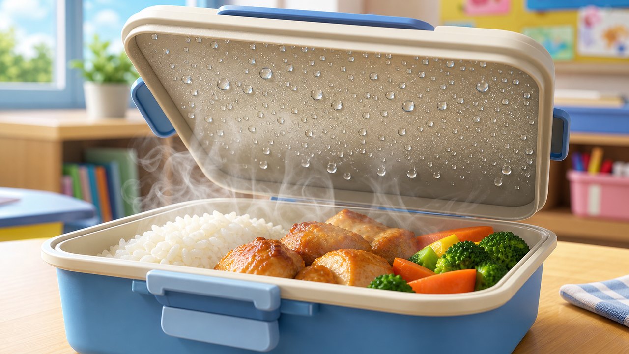An open warm lunchbox with steam rising and water droplets on the underside of the cover