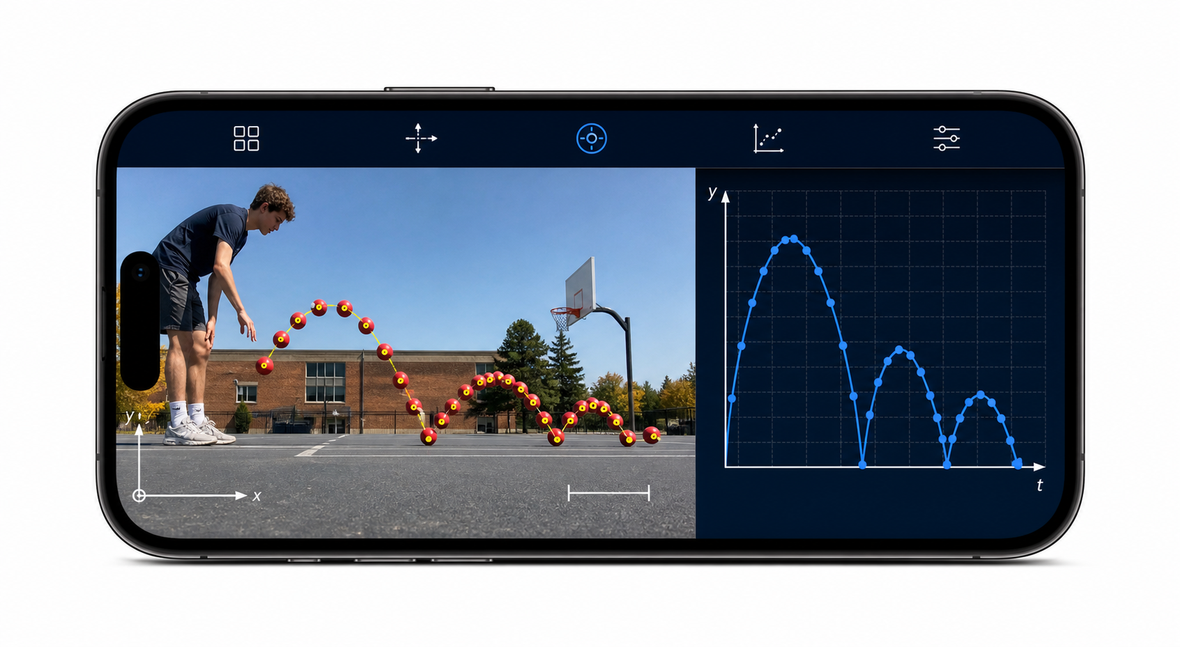 A phone displaying a bouncing-ball video with tracked positions, coordinate axes and a position-time graph.