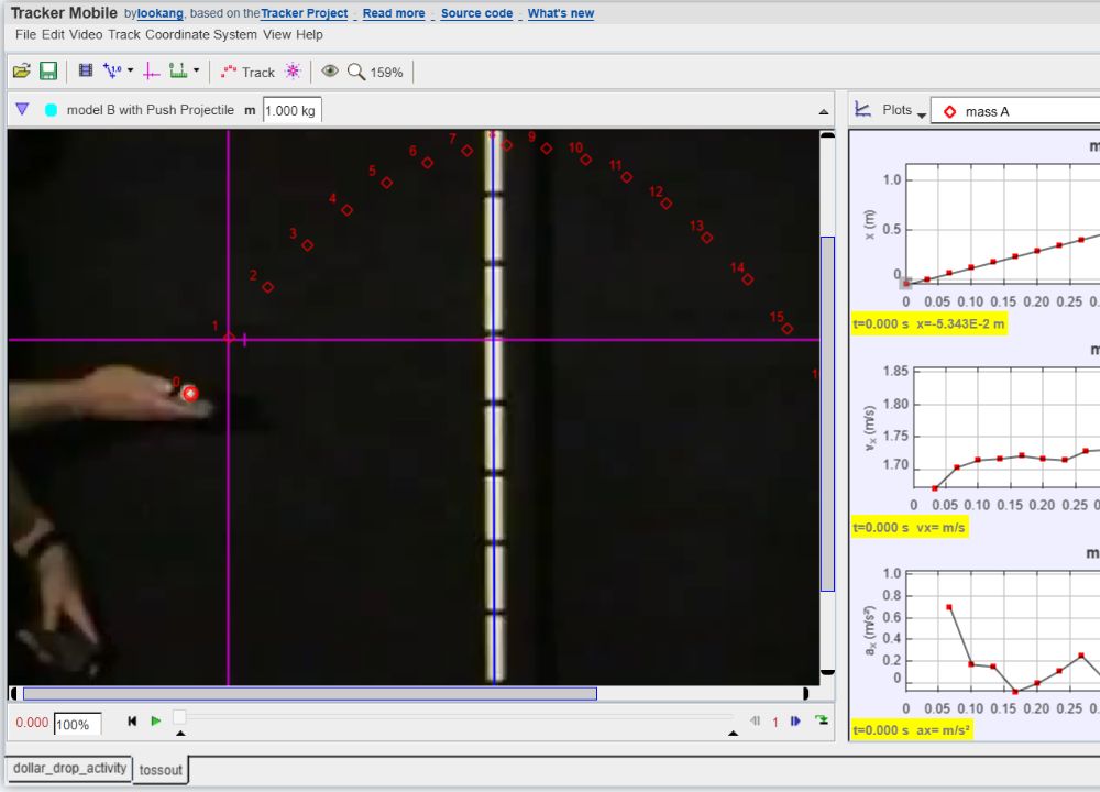 Tracker Mobile showing a tracked ball-toss arc with displacement, velocity and acceleration plots.
